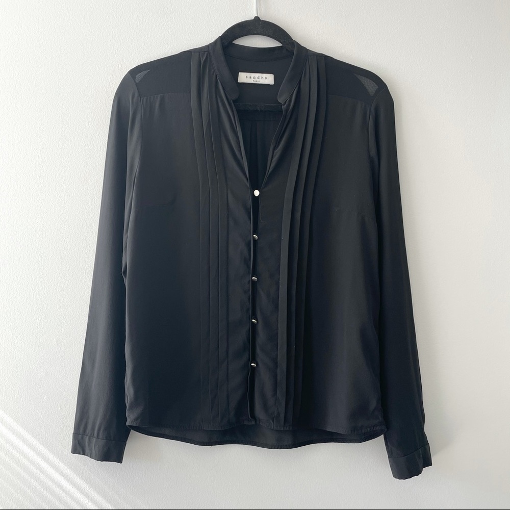 Sandro Black Pleated Front Button Blouse
